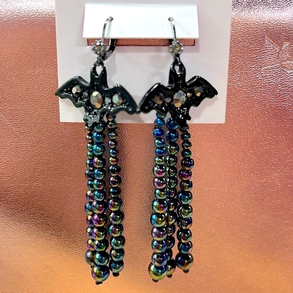 Brand New Betsey Johnson Halloween Bats Rainbow Oil Slick Beads Drop Earrings - Picture 5 of 16